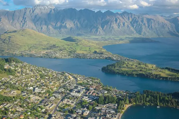 Aerial view over Queenstown, Lake Wakatipu and The Remarkables