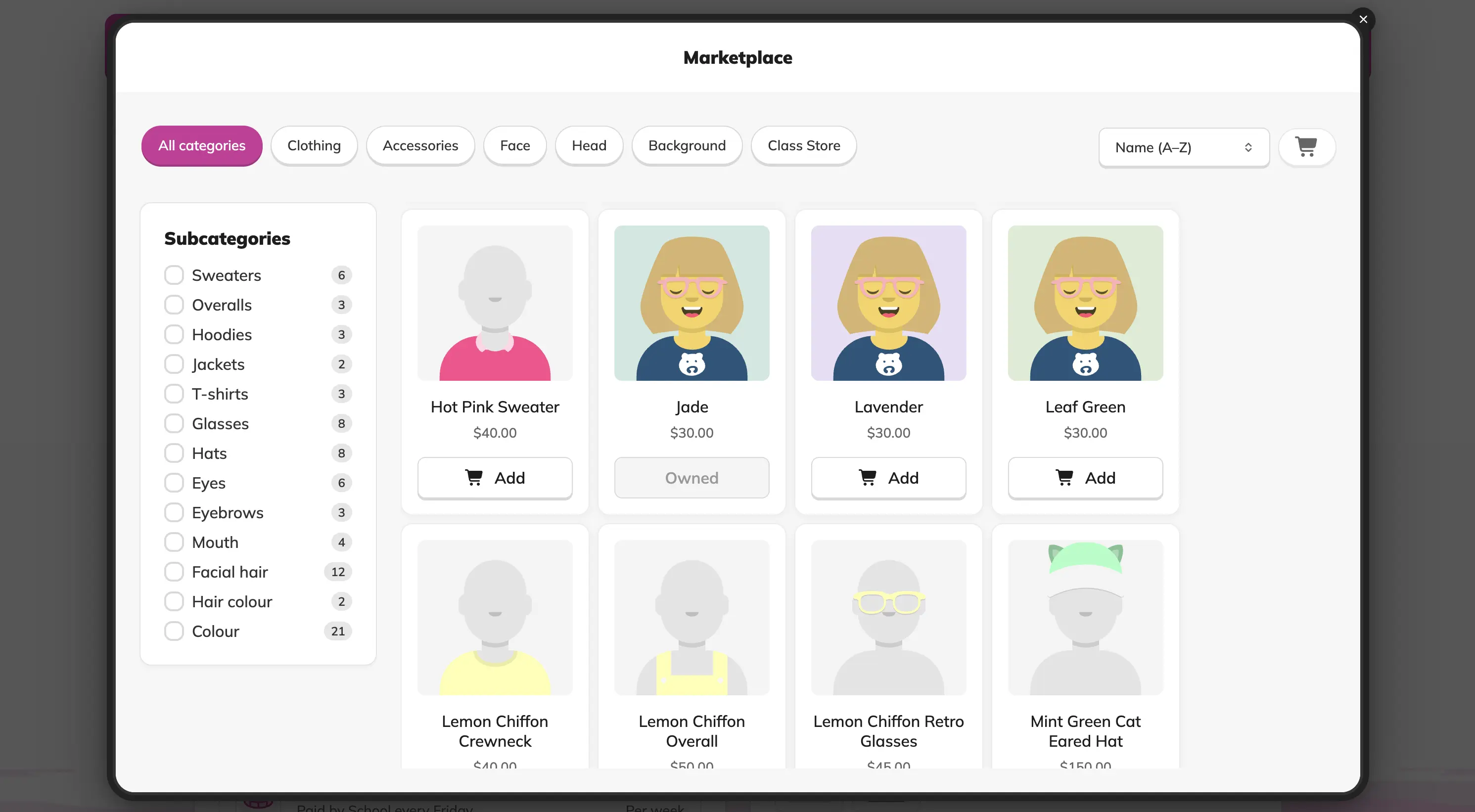 The Banqer Primary marketplace, where students spend what they have earned