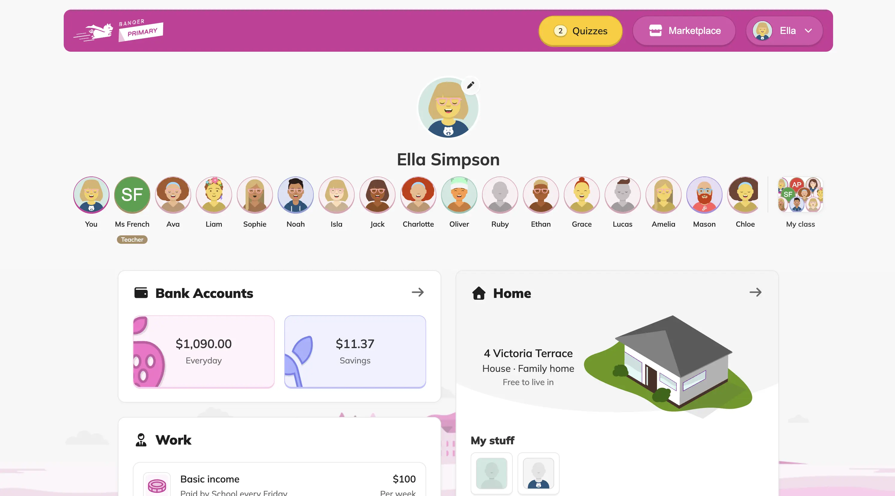 A student's Banqer Primary dashboard, showing their bank accounts, classmates and home